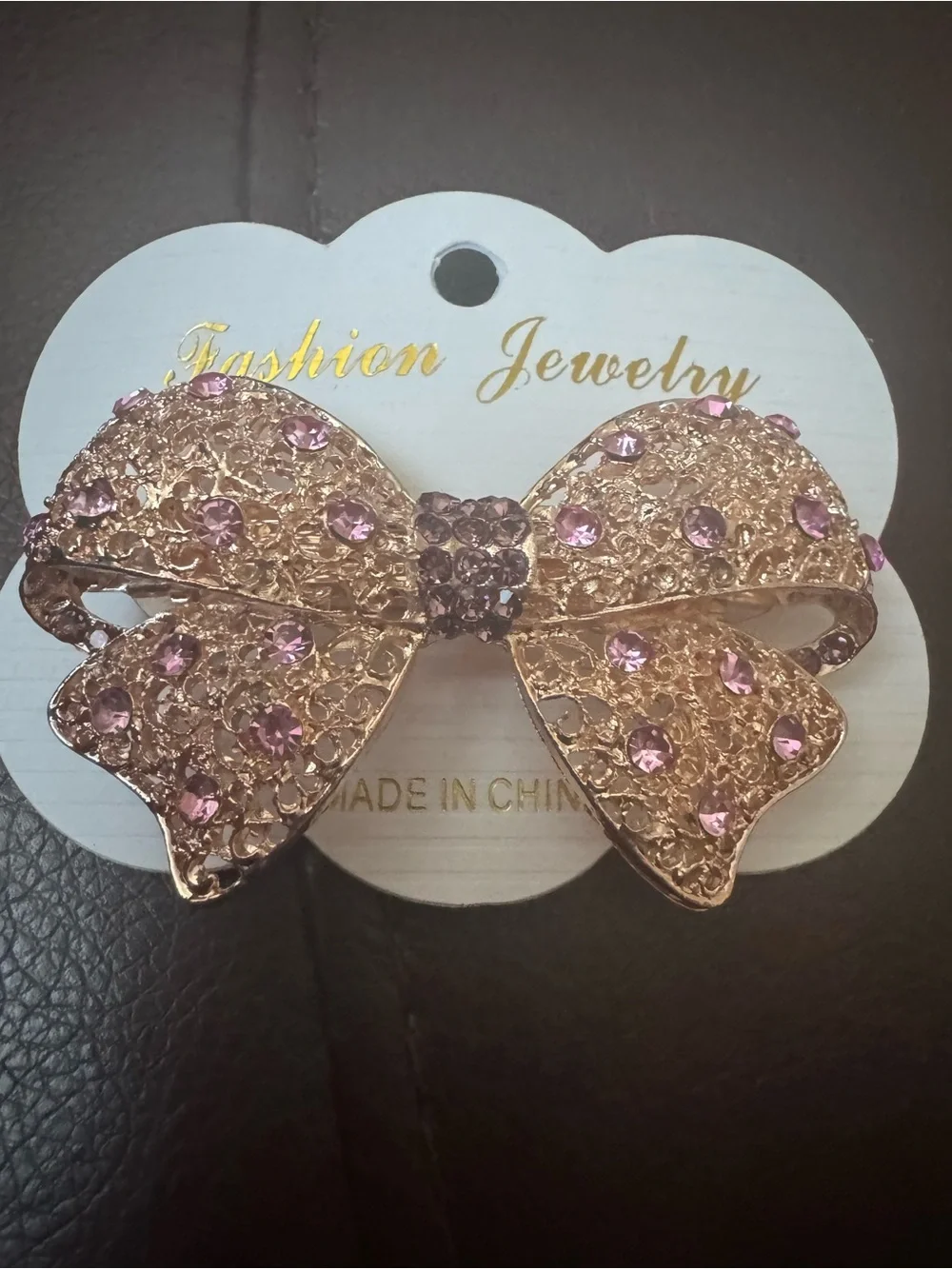 NWT Rose Gold Filigree Bow Hair Clip with Pink Rhinestones